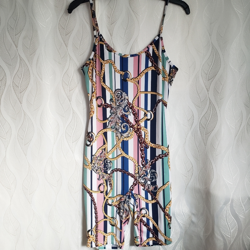 Fashion Nova Striped Multicolor Chain Print Bodycon Romper